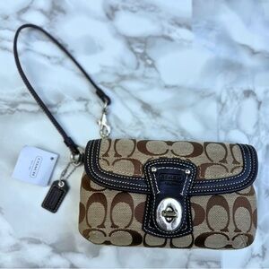 COACH Signature Legacy Khaki/Mahogany 
Turnlock Flap Wristlet Wallet Clutch
